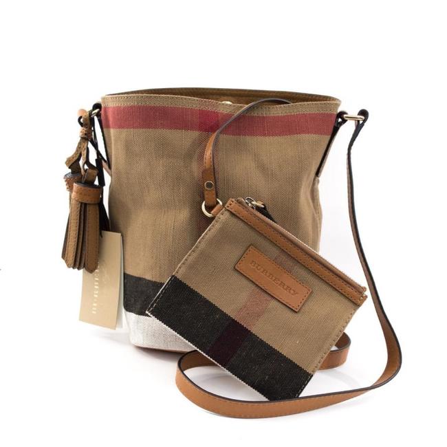 Burberry The Small Ashby In Check and Leather Saddle Brown Canvas Hobo Bag