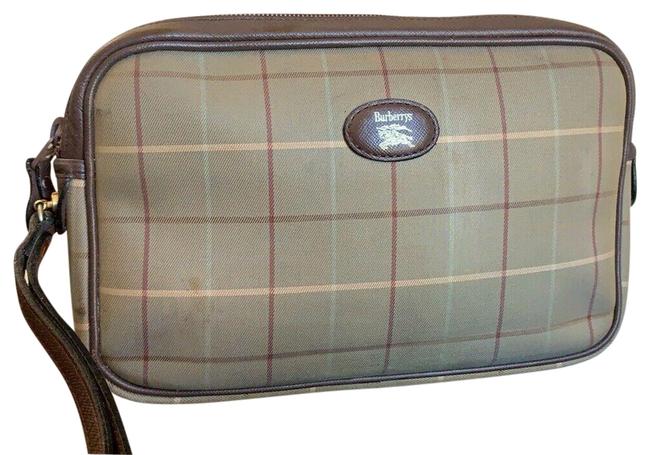 Burberry Vintage Nova Check Wristlet Olive Brown Canvas Leather Clutch