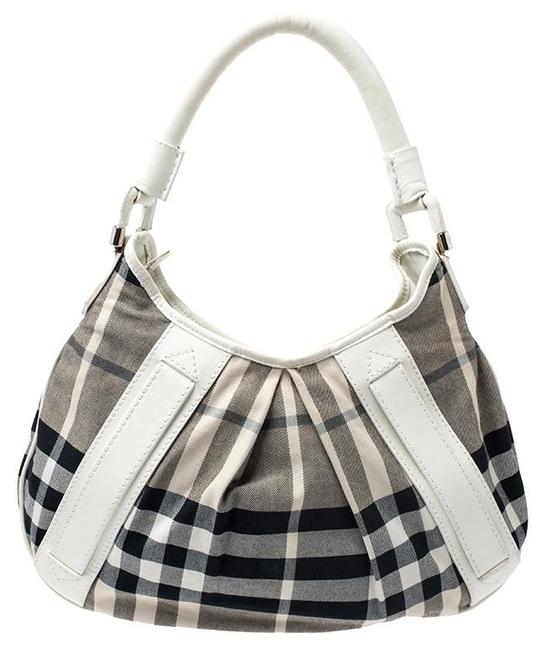 Burberry WhiteGrey House Check Phoebe White Canvas and Leather Hobo Bag