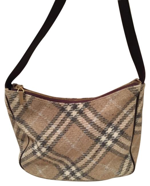 Burberry With TanGreyCream Pattern TanGreyCream WoolLeather Hobo Bag