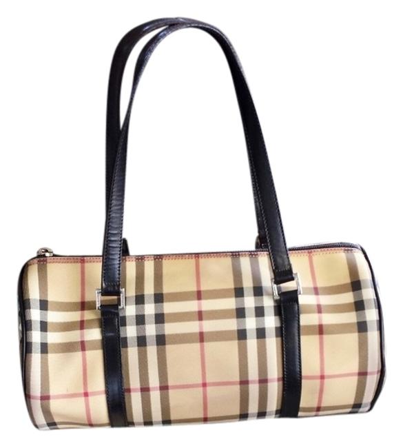 Burberry Barrel Novacheck Lola Satchel Tan Leather Shoulder Bag