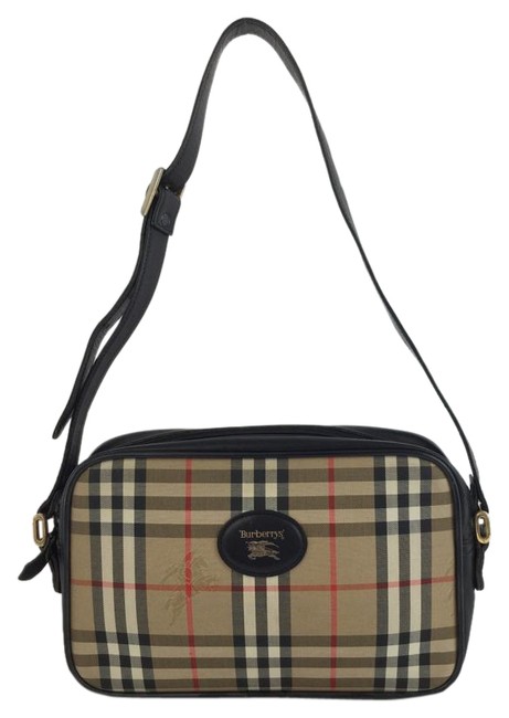 Burberry BeigeBlack Leather and Canvas Shoulder Bag