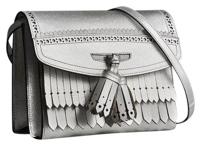 Burberry Crossbody Brogue Detail Metallic Silver Leather Shoulder Bag