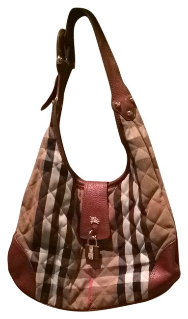 Burberry Brown Black White Red LeatherFabric Shoulder Bag