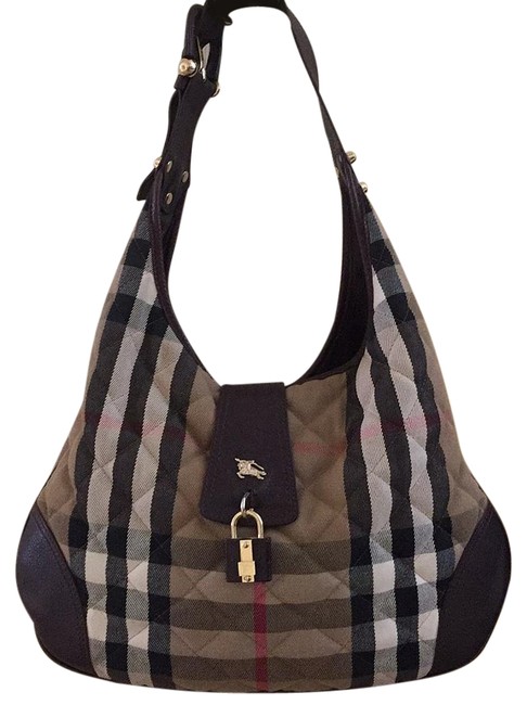 Burberry BrownBeige Qulted Canvas Leather Trim Shoulder Bag