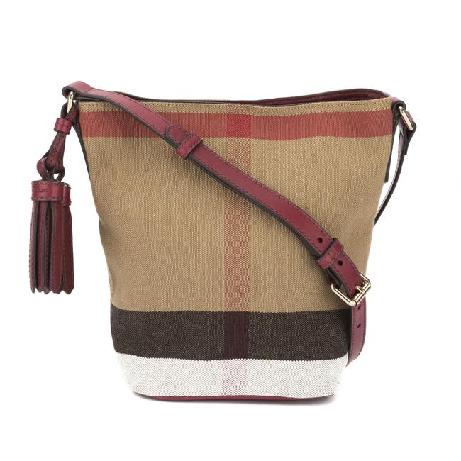Burberry Burgundy Red Leather And Canvas Check Ashby Bag