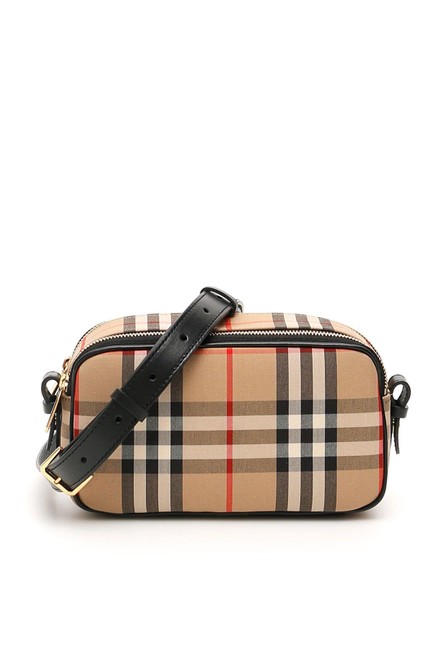 Burberry Camera Mini Vintage Check And Beige CottonLeather Shoulder Bag