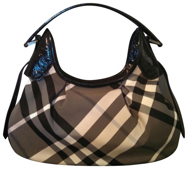 Burberry Check BlackWhiteGray NylonPatent Leather Shoulder Bag