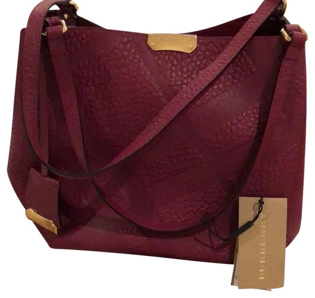 Burberry Check Canterbury Tote Dark Plum Leather Shoulder Bag