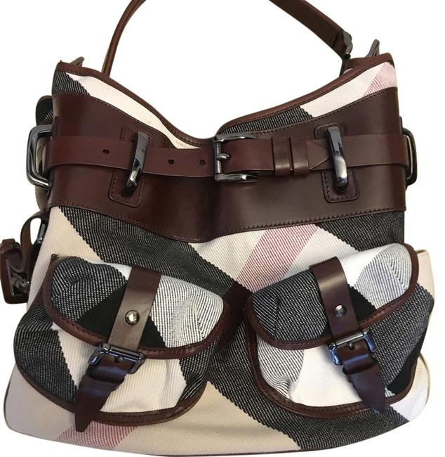 Burberry CheckeredBrown CanvasLeather Shoulder Bag