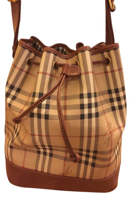 Burberry Bucket Drawstring Brown Haymarket Canvas Shoulder Bag