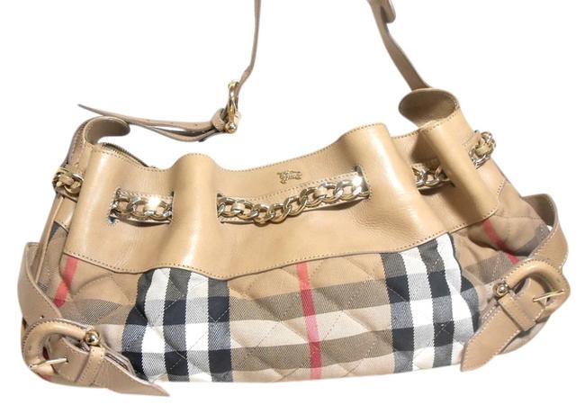 Burberry Great Roomy BeigeTan Leather Fabric Shoulder Bag