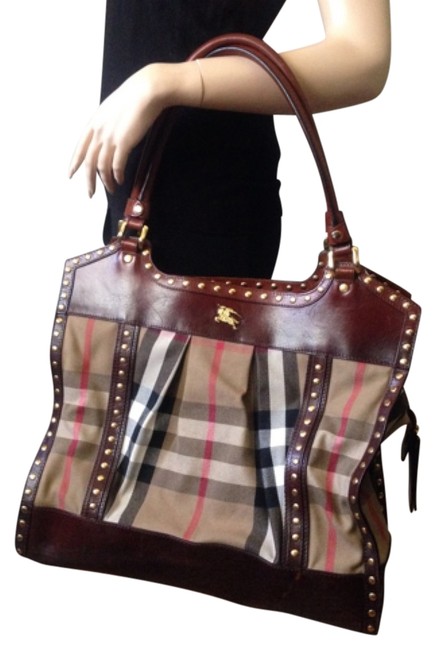 Burberry Greenham House Check Studded Brown Canvas leather Shoulder Bag