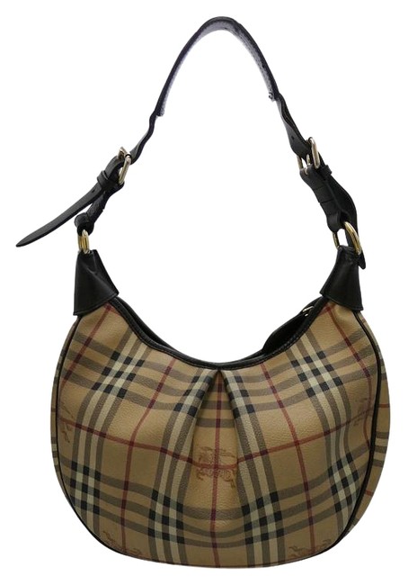 Burberry Hobo Handbag Haymarket Check Pleated #23365 9 Tan Canvas Shoulder Bag