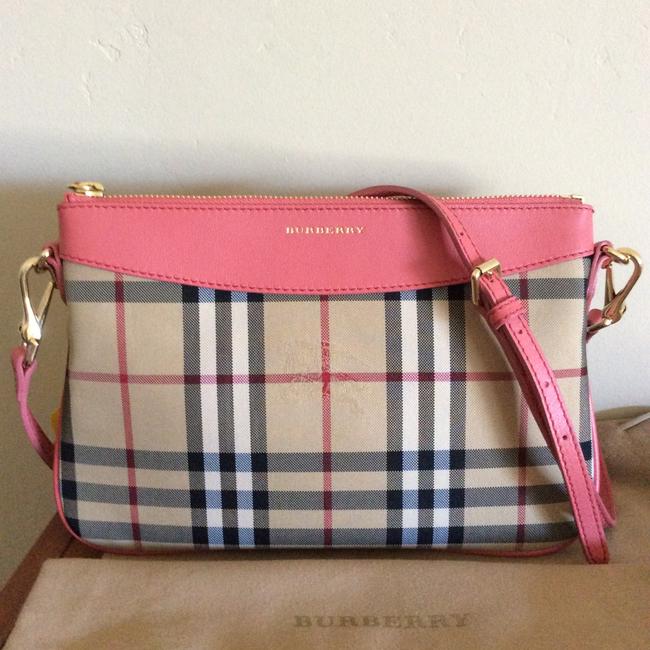 Burberry Clutch Horseferry Check Peyton Coral Pink Leather Shoulder Bag