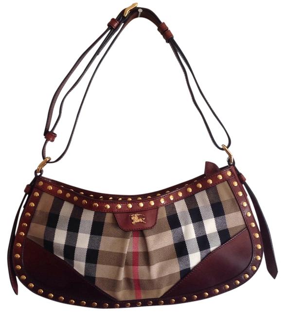 Burberry House Check Studded Leather Brown Leather canvas Shoulder Bag