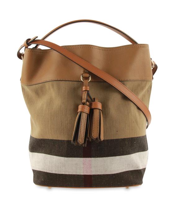 Burberry Bucket Medium Ashby Tassel Check Brown Canvas Shoulder Bag