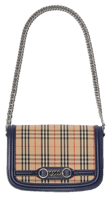 Burberry New 1983 Check Link Ink Blue Leather Shoulder Bag
