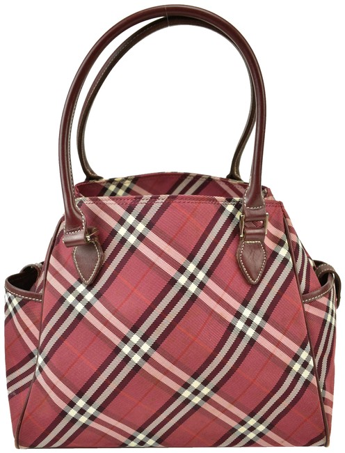 Burberry Nova CheckLeather Medium ToteRed Berry Jacquard Shoulder Bag