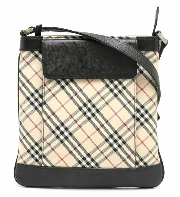 Burberry Nova Check BeigeDark BrownRed Color LeatherCanvas Shoulder Bag