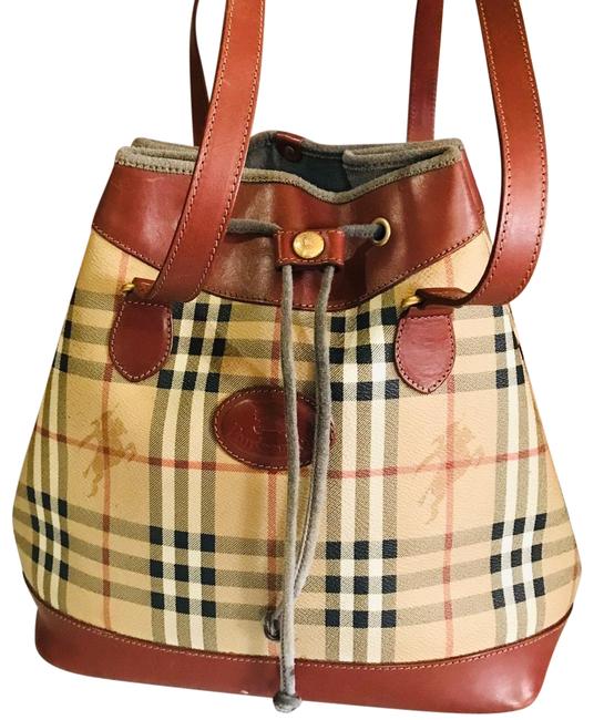 Burberry Nova Check Drawstring Vintage Tan Coated Canvas Shoulder Bag