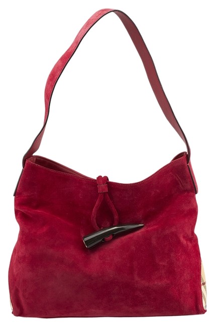 Burberry Hobo Nova Check 76843 RedBeige Suede Coated Canvas Shoulder Bag