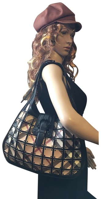 Burberry Hobo Nova Check Tan Black Patent Leather Shoulder Bag