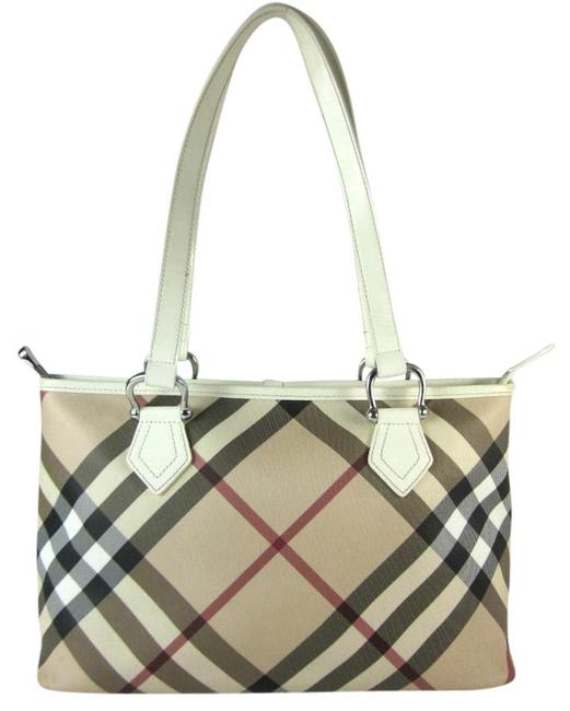 Burberry Nova Check Medium ToteWhite JacquardLeather Shoulder Bag