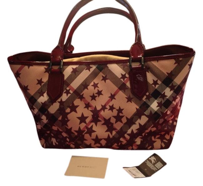 Burberry Nova Star Check Tote Military Red Leather Shoulder Bag