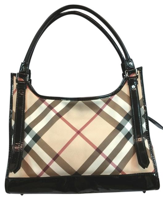 Burberry Patent Leather Trim Plaid Check Canvas Shoulder Bag