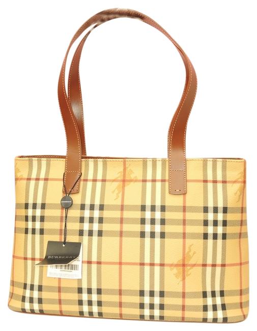 Burberry Plaid Brown Beige Vinyl Embossed Leather Shoulder Bag