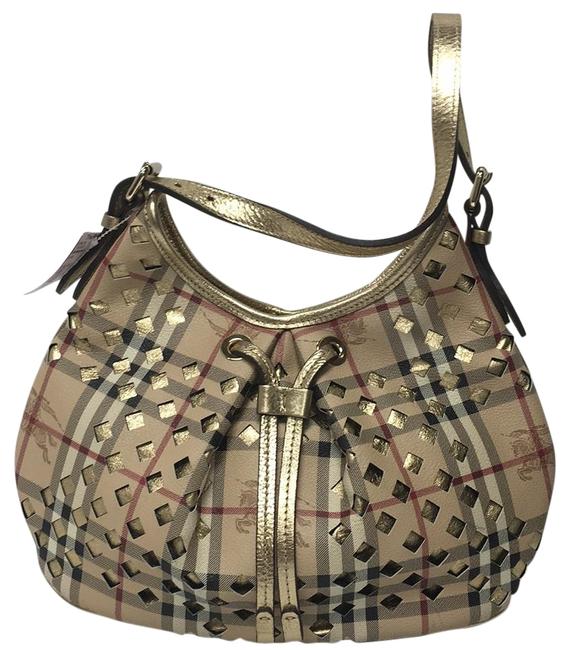Burberry Plaid Tan and Red Leather Shoulder Bag