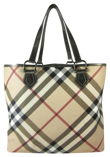 Burberry Silver Nova Check Large ToteBeige JacquardLeather Shoulder Bag
