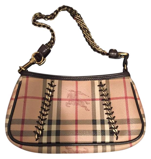 Burberry Stunning Gold Strap Haymarket checkChocolate Leather Shoulder Bag