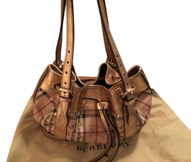 Burberry Supernova Studs Gold Leather and Check Coated Canvas Shoulder Bag