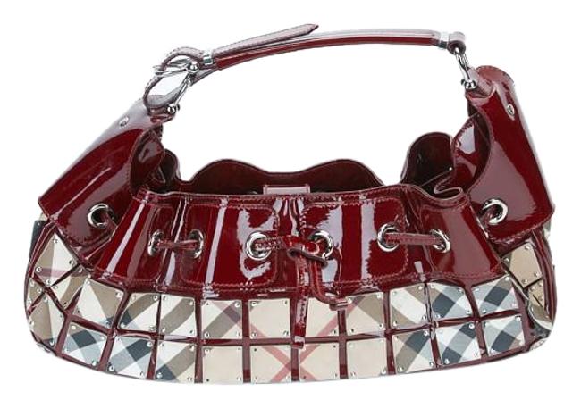 Burberry Hobo Textile Red and Beige Patent Leather Shoulder Bag