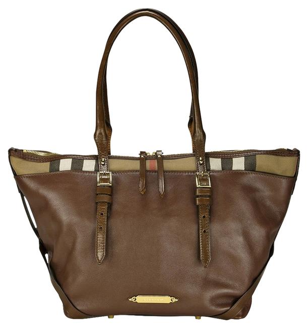 Burberry Tote Salisbury Ochre Check Dark Brown Leather Shoulder Bag