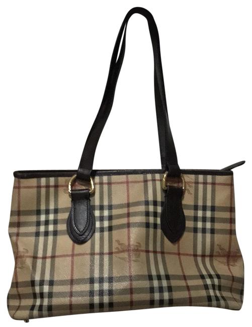 Burberry Haymarket Check Brown Leather and Beige Tote