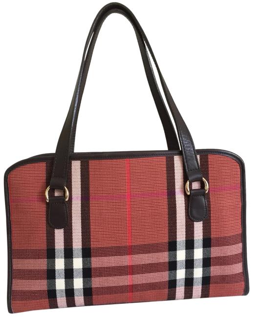 Burberry 3 Compartments Check Pink Brown Wool Cotton Leather Tote