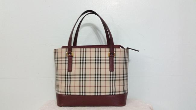 Burberry Bag And Bag Black Beige Burgundy Leather Checker Canvas Tote