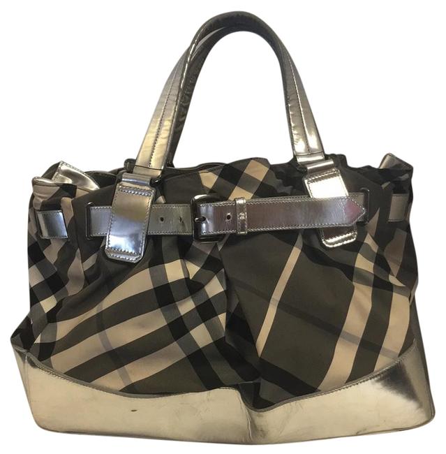 Burberry And Beaten Gray Metallic Silver CanvasPatent Leather Tote