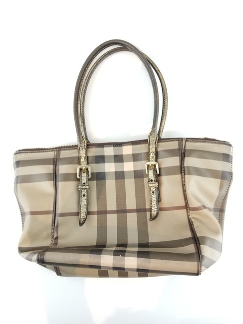 Burberry And Leather Bronze Check Canvas Tote