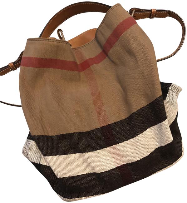 Burberry Ashby Medium Check Tan Black White and Red Canvas Tote