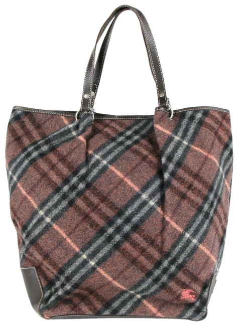Burberry Bag Checkered Trim BurgundyBlackBrown Fabric Leather Tote