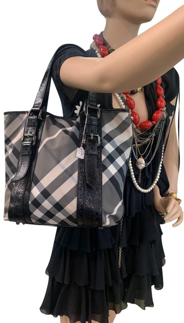 Burberry Bag Nova Check Patent Leather BlackGrayWhite Nylon Canvas Tote