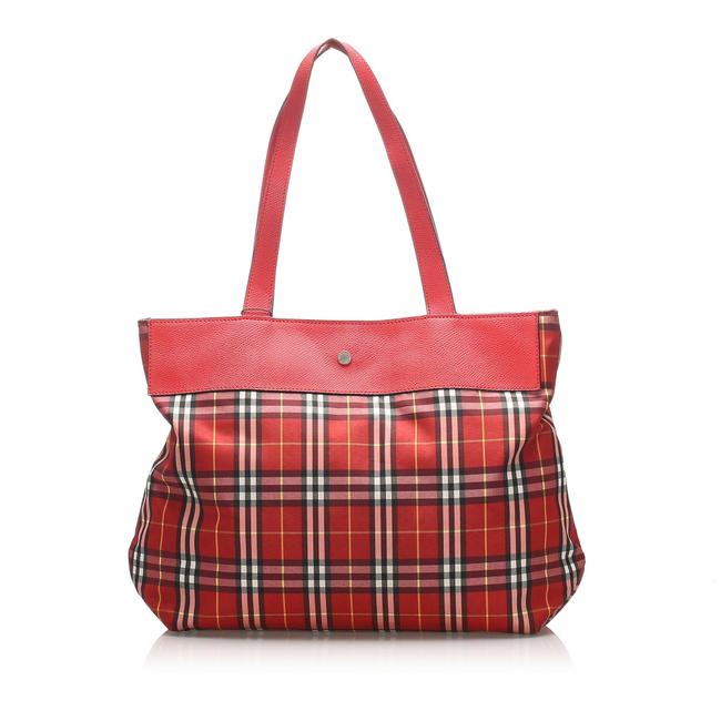 Burberry Bag Plaid Canvas Red Leather Tote
