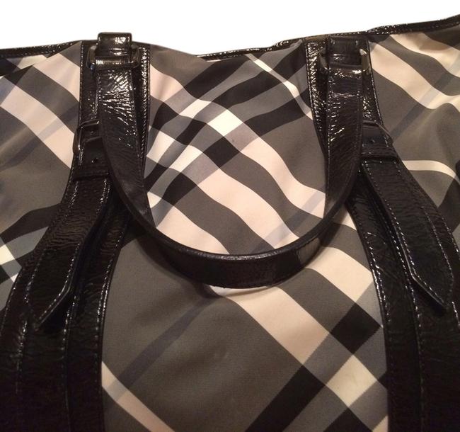 Burberry Beat Check Black Gray Cream Canvas Patent Leather Tote