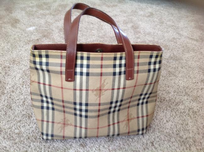 Burberry Beige Haymarket Check and Brown Leather Tote