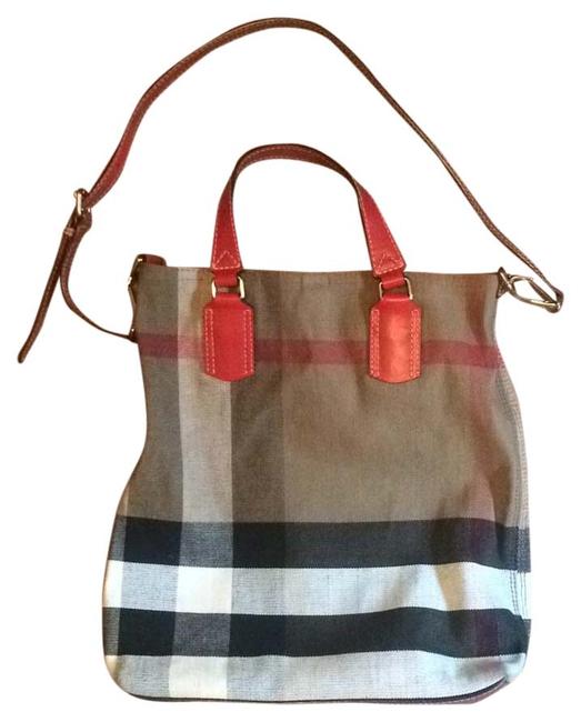 Burberry Beige Red Black Canvas Tote