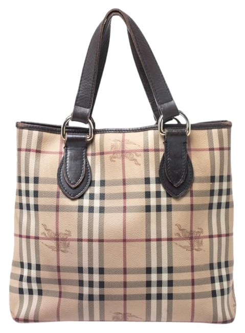 Burberry BeigeBrown Haymarket Check Pvc and Regent Beige Leather Tote